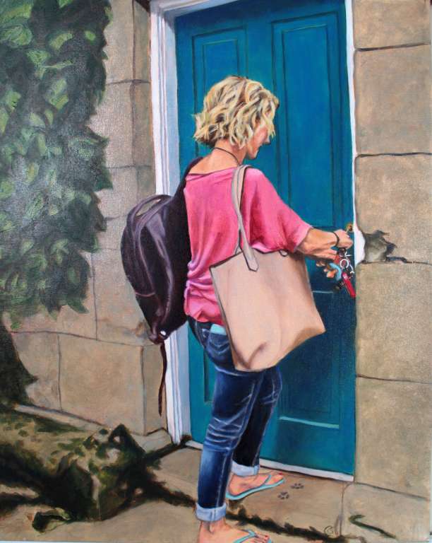 chatelaine oil painting of a woman with keyring unlocking or locking door