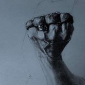 Charcoal drawing on toned paper of a womans hand wearing a knuckleduster