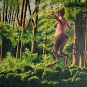 oil painting, figure, faun, satyr, forest, creature, myth,